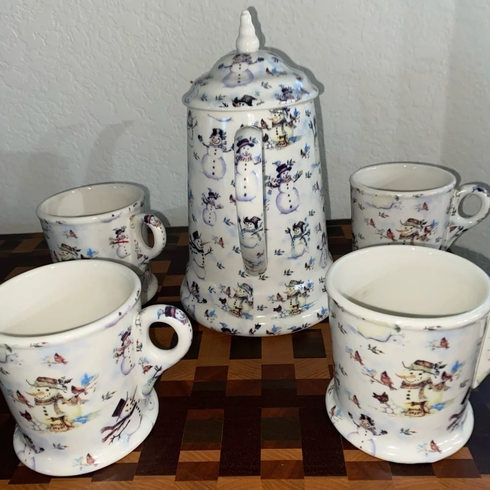 Vintage Grace Snowman Christmas Holiday Porcelain Tea\Coffee Set Kettle/4 Mugs
